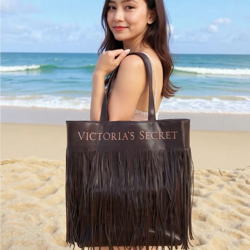 Victoria's Secret Faux Leather Tote Flirty Fringe Shoulder Bag Black Tote.